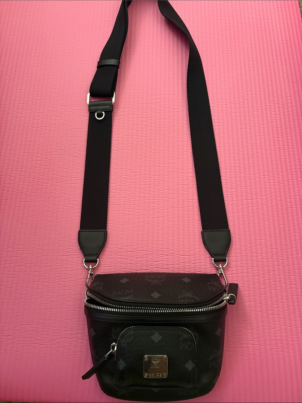 MCM Black Monogram Crossbody Belt Bag with Silver Hardware